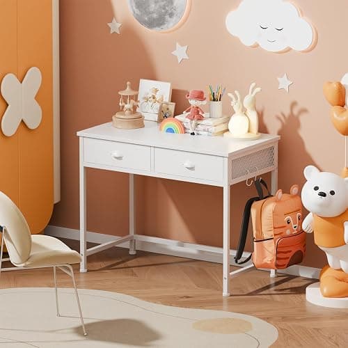 Furologee White Small Computer Desk with 2 Fabric Drawers for Bedroom,34 Inch Simple Home Office Writing Desk, Vanity Desk with Hooks, Study Table for Adults Student Small Spaces thumbnail 7