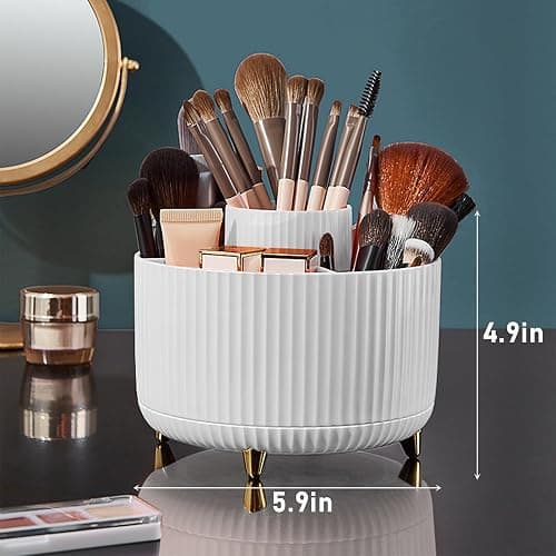 Diesisa Makeup Brush Holder Organizer,360° Rotating Makeup Brush Organizer,5 Slot Make up Brushes Cup for Cosmetics, Nail Polish, Art Supply, Bathroom Vanity Desktop Organizer - White thumbnail 6