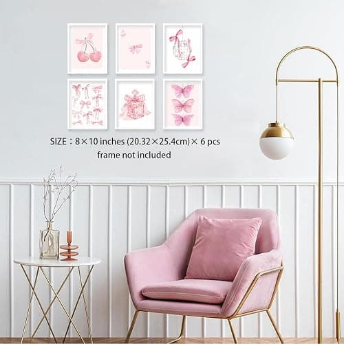 HNNXAR Coquette Trendy Preppy Poster Wall Art Set Of 6 Pink Bow Cherry Disco Ball Butterfly Canvas Picture Prints Decor Aesthetic For Girls Room College Dorm Apartment Bedroom 8x10 Unframed thumbnail 2