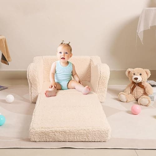 MOMCAYWEX Kids Chairs for Toddler, 2-in-1 Toddler Soft Sherpa Couch Fold Out, Convertible Sofa to Lounger for Girls and Boys, Cream thumbnail 8