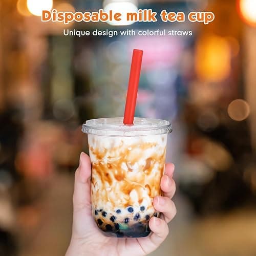 Ziliny 50 Sets Clear Cups with Flat Lids and Jumbo Smoothie Straws Disposable Plastic Drinking Cups for Smoothies, Milkshakes, Milk Tea, Cold Drinks(16 oz) - 16 oz thumbnail 5