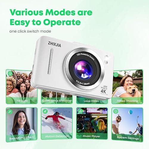 Digital Camera, Full HD 4K Digita Point and Shoot Camera Portable Compact and for 16X Zoom, Autofocus for Photography with 64GB Card, Anti-Shake, for Beginners, Boys Girls Kids, White thumbnail 3