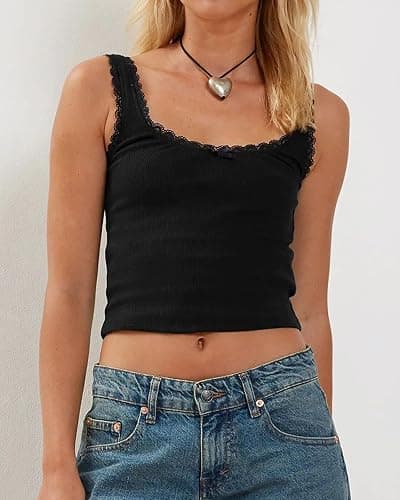 NODHUT Women's Tank Tops Cute Slim Fitted Ribbed Knit Bow Lace Camisole Top Sexy Summer Square Neck Sleeveless Going Out Tops thumbnail 5