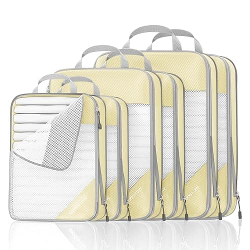 Compression Packing Cubes 6 Set, Compressible Space-Saving Packing Cubes for Travel - Compression Bags, Luggage Organizer, Travel Essentials for Women, Light Yellow - Image 1