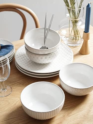 LE TAUCI Plates and Bowls Sets for 4, 12 Piece Ceramic Dinnerware Sets, Modern Stoneware Kitchen Dish Set, Chip Resistant, Microwave & Dishwasher Safe, Embossed, Arctic White thumbnail 7