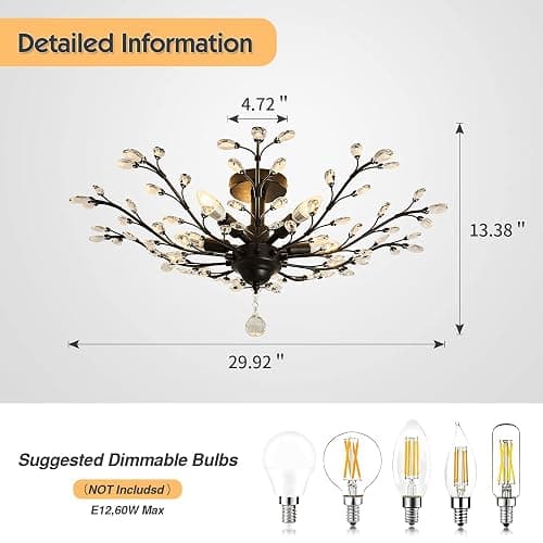 CVKASH 5 - Light Vintage Small Crystal Chandelier Modern Semi Flush Mount Ceiling Light Fixture Chandelier Lighting for Kitchen Bedroom Living Room Dining Room Hallway Foyer（Black） thumbnail 4