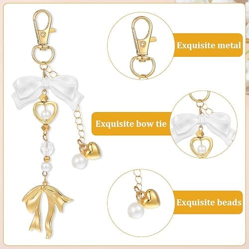 Mabor Gold Bow Keychain Bag Charms for Women Heart Pearl Beaded Coquette Aesthetic Purse Charm Cute Aesthetic Accessory Keychain thumbnail 6