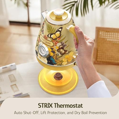 Hazel Quinn X Eduardo Recife Electric Kettle - 1200W Fast Water Boiling, 1.7L/57oz, All 304 Stainless Steel Interior, BPA-Free, Auto Shut-Off, Cordless Retro Teapot with Thermometer - Floral Patterned thumbnail 7