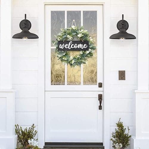 Dremisland 16 Inch Eucalyptus Leaves Wreath,Artificial Green Leaves Wreath with Welcome Sign Board for Front Door Window Farmhouse Garden Festival Celebration Home Decoration (Black) thumbnail 5