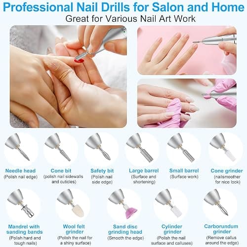 Electric Nail Drill, Urbuti 35000RPM Professional Nail Drill Machine, Portable Rechargeable File Machine Set for Acrylic Gel Nails, Manicure Pedicure Tools for Home and Salon Use(White) thumbnail 6