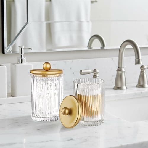 SheeChung 2 Pack Gold Ribbed Glass Qtip Holder with Metal Lids | Apothecary Jars Bathroom Organizer Countertop Vanity Canister Set for Cotton Swabs, Rounds, Floss Picks-Modern Luxury Decor thumbnail 7