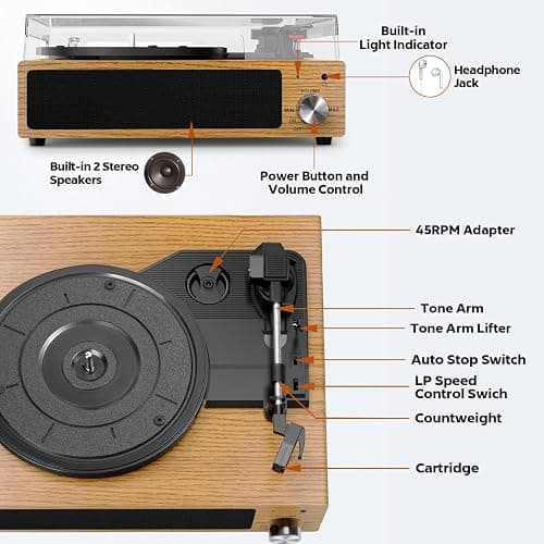 Plattenspieler, FYDEE Vinyl Plattenspieler Bluetooth, Schallplattenspieler Vintage Turntable mit Eingebauter Stereo-Lautsprecher, 3-Gang 33/45/78 U/min, RCA Ausgang, AUX-Eingang, Holzfarbe thumbnail 9