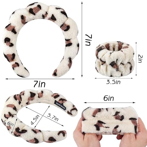 Zkptops 6Pcs Spa Headband for Washing Face Wristbands Set Women Bubble Makeup Sponge Plush Padded Puffy Skincare Headband Bow Tie Hairband Cute Non Slip Thick Hair Accessory Gifts(Beige Leopard) thumbnail 4