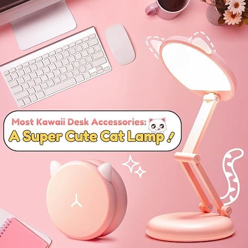 One Fire Cute Desk Lamp Pink Dorm Lamps for College Girls Foldable Portable Rechargeable Dimmable Cute Cat Lamp Kawaii Room Decor,College Dorm Decor for Girls Pink Classroom Essentials thumbnail 5