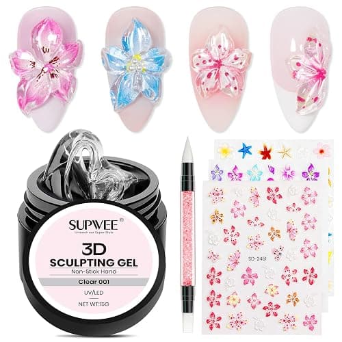 SUPWEE 3D Nail Sculpting Gel, Clear Molding Gel for Nail Art Non-Sticky for Extension Carving with Nail Stickers & Silicone Pen Suitable for DIY Manicure Home - Image 1