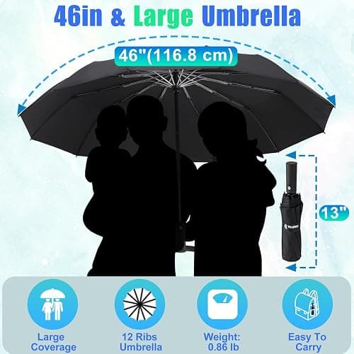 GAOYAING 46 Inch Large Automatic Rain Umbrella - Windproof Travel Lightweight Travel-Ready, Heavy Duty 12-Rib 210T Fabric, Portable with Protective Sleeve thumbnail 2