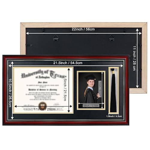 GraduationMall 11x22 Cherry Diploma Frame with Tassel Holder and Picture for 8.5x11 Certificate 5x7 Photo,Tempered Glass,Black over Gold Mat thumbnail 4