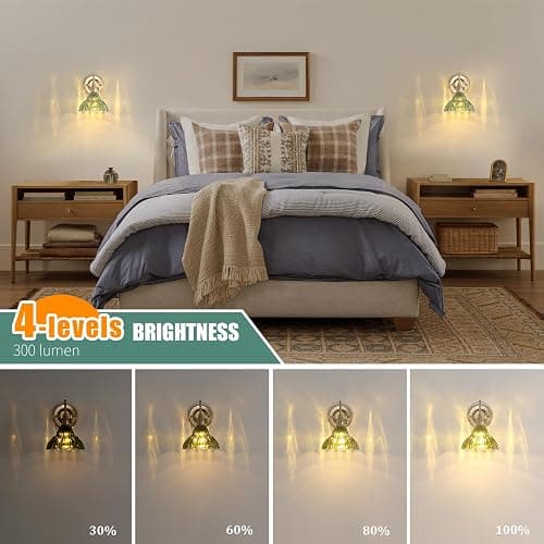 Shenmoyl Battery Operated Wall Sconce Set of 2, Vintage Rechargeable Wall Lights with Green Lily Glass Shade, Wireless Indoor Wall Lamp with Remote for Bedroom Living Room Bathroom thumbnail 3
