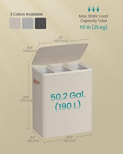 SONGMICS Laundry Basket, 50.2 Gal. Laundry Hamper, 3 Compartments, Easy Assembly, with Lid and Handles, Removable Liners, 25.2 x 15.7 x 29.5 Inches, Cappuccino Beige ULCB814LH01 thumbnail 2