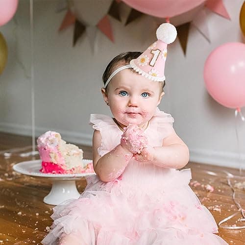 Yoolhamy 1st Birthday Hat for Baby Girls Boys, Boho First Birthday Hat, Handmade One Birthday Crown Conical Cap Decorations - Daisy Pink thumbnail 3