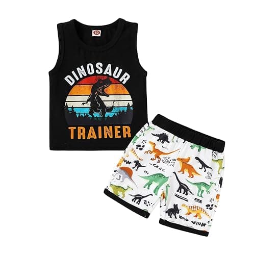 YOUNGER TREE Toddler Baby boy summer clothes Beaches Love Me Sleeveless Vest Tops+Shorts Kid Casual outfits - 6-12 Months - Black Dinosaur - Image 1