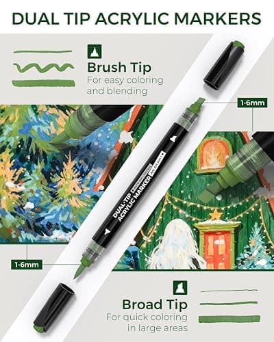 JusArt Automatic Ink Control Acrylic Paint Markers,60 Colors Dual Tip with Broad Tip and Brush Tip Pens for Ceramic, Wood, Canvas, Glass, Stone, Fabric, Rock Painting, DIY Crafts Art Supplies Kit thumbnail 2