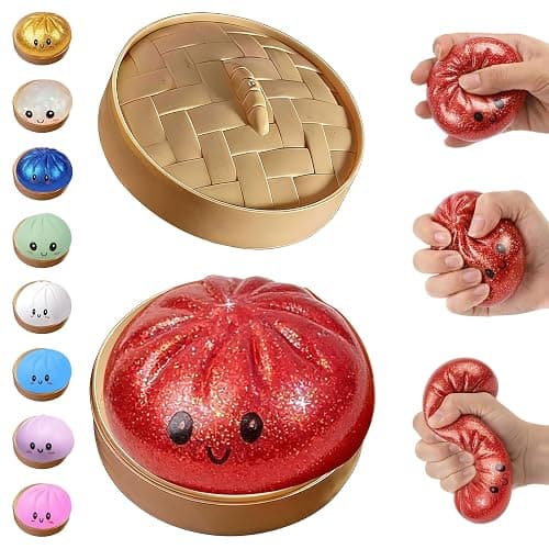 BCBU Glitter Dumpling Squishy,Dumpling Squishies,Glitter Dumpling Mystery Box,Colorful Dumpling Stress Balls Fidget,Jumbo Squishy Toy with Steamer Box,Soft Squeeze Decompression Dough (Glitter Red) - Image 1