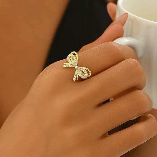 18K Gold Plated Stackable Bow Rings for Women Dainty Adjustable Open Cubic Zirconia Friendship Bow Knot Rings thumbnail 3