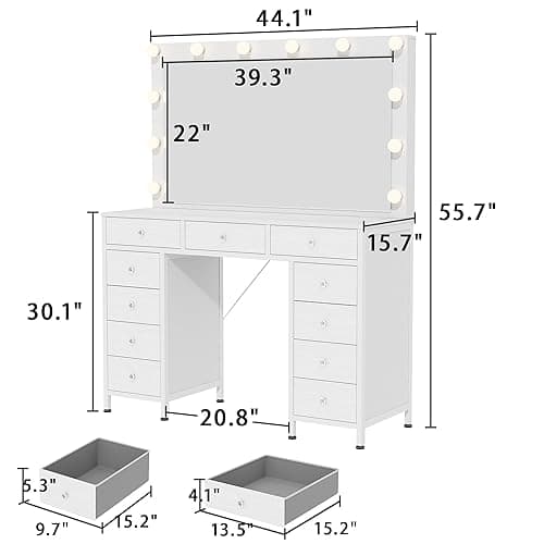 44.1" Vanity Desk with Power Outlet, Makeup Vanity with Mirror and 14 LED Light, 3 Lighting Modes,11 Drawer Vanity Table with Jewelry Storage, Cloth Drawer for Bedroom, White thumbnail 2
