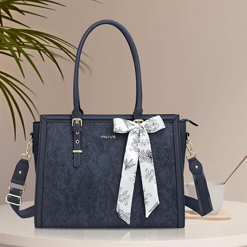 MOSISO Laptop Bag for Women, 17-17.3 inch PU Leather Tote Bag Compatible with MacBook, HP, Dell, Asus Notebook, Front Embossed Retro Hibiscus Computer Bags with Silk Scarf&Clutch Purse, Haze Blue thumbnail 3