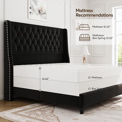 SEREINEY Full Bed Frame with 55" Tall Headboard, Upholstered Bed Frames, Soft Fabric, Button Tufted Headboard with Windback, Platform Bed, Noise-Free, No Box Spring Needed, Black thumbnail 4