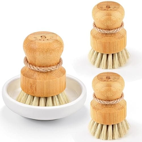 Bamboo Dish Scrub Brushes,Kitchen Wooden Cleaning Scrubbers Set for Washing Cast Iron Pan/Pot, Natural Sisal Bristles, Set of 3 - Image 1