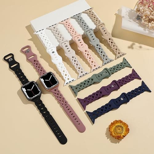 Slim Silicone Bands Compatible with Apple Watch Band 40mm 38mm 41mm 44mm 45mm 42mm Women Floral Breathable Braided Lace Thin Sport Strap Replacement Wristbands for iWatch SE Series 9 8 7 6 5 4 3 2 1 thumbnail 2