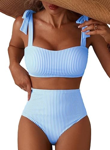 Herseas Women's Tie Shoulder Bikini Sets 2 Piece Striped Swimsuits High Waisted Bathing Suits - Image 1