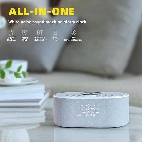 Sound Machine Alarm Clock Wireless Charger: Bluetooth 10W Stereo Sound Speaker Bedroom - White Noise Machine for Sleeping with 21 Soothing Sounds thumbnail 2