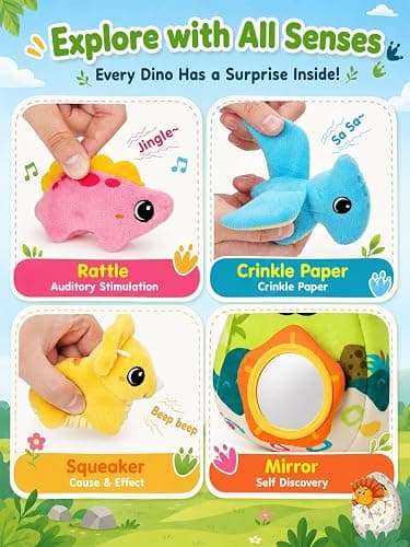 Baby Toys 6-12 Months - Soft Baby Stuffed Dinosaur with 5 Sensory Dinos | Rattle, Crinkle Paper, Squeaker, Mirror, Montessori Plush Toys for Toddlers 0-3 Years Old - Christmas Birthday Gift thumbnail 3