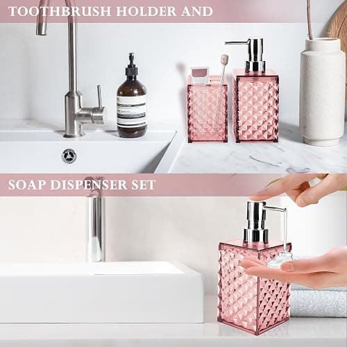 RRM Pink Bathroom Accessories Set, Soap Dispenser and Toothbrush Holder | Diamond Pattern Bathroom Set for Boho Bathroom Decor thumbnail 6