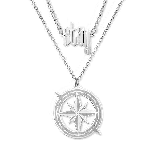 Travel Artisan Stray Necklace SKZ Inspired Merch Necklace Set –“Stay” Pendant Compass Design Jewelry Accessory for Stay Fans Gifts - Stay&Compass Necklace