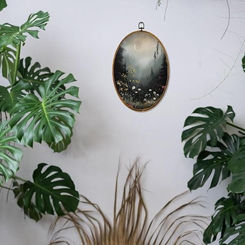 Hiuwevt Vintage Moody Forest Moon Oval Wall Art Decor, Dark Cottagecore Flower Field Framed Canvas Prints, Rustic Landscape Oval Wall Hanging Decor for Home Bedroom Decorations, 8.6x11.4 Inches thumbnail 4
