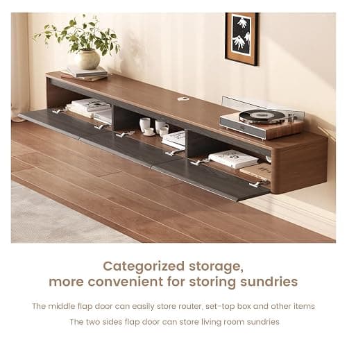TreLined 66.92" Floating TV Stand for TVs up to 75", Mid Century Farmhouse Wall-Mounted TV Cabinet, Media Console Table with 3 Storage Drawers, Floating TV Cabinet for Living Room, Bedroom, Walnut - 1 Pack: 66.92" thumbnail 3