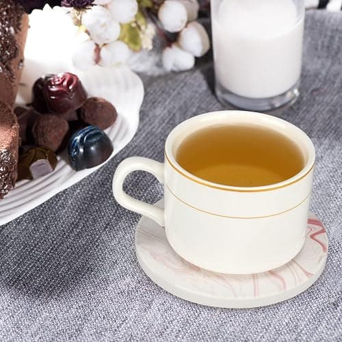 Cute Pink Marble Coasters for Desk Coffee Bar Table Kitchen Decor Set of 6 | Absorbent Ceramic Cup Coaster with Holder Pretty Stone Coster Drink Funny Aesthetic Girly Living Room Decor Quartz Coasters thumbnail 2