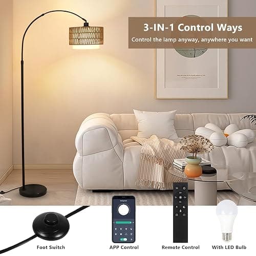 eyassi Arc Floor Lamp with Remote, Modern LED Floor Lamp with Dimmable Bulb, Boho Farmhouse Standing lamp with Fabric & Rattan Lampshades, Height Adjustable Black Tall Lamp for Living Room Bedroom thumbnail 5