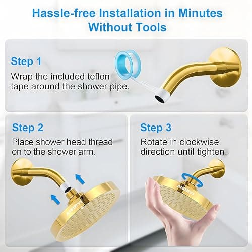 AISINYI High Pressure Rainfall Shower Head, 6 Inches Showerhead with Perfect Adjustable Replacement, Removable Restrictor, Easy Installation for Your Bathroom Shower Heads (Deluxe Gold + Shower Arm) thumbnail 6