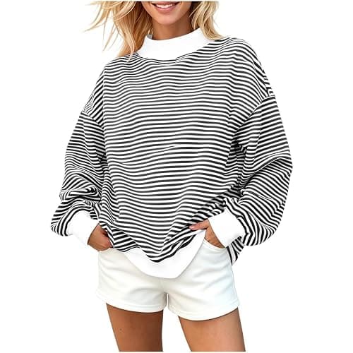 Womens Striped Sweatshirt Mock Neck Long Sleeve Casual Loose Pullover | Classic Stripe Pattern,Soft Comfortable Fabric,Relaxed Oversized Fit,Mock Neck Design,Daily Casual Streetwear Style thumbnail 3