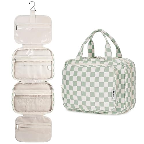 Narwey Checkered Hanging Travel Toiletry Bag for Women Wash Bag Cosmetics Makeup Bag Organizer for Travel Size Accessories(Checkerboard Mint Green (Medium)) - Image 1
