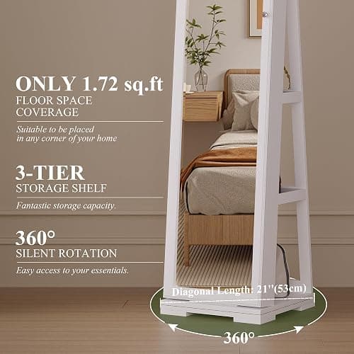 jajov 63" Mirror Jewelry Cabinet with Lights, 360° Swivel Frameless Full-Length Mirror Jewelry Armoire Organizer Standing, Rear Storage Shelves – White thumbnail 3