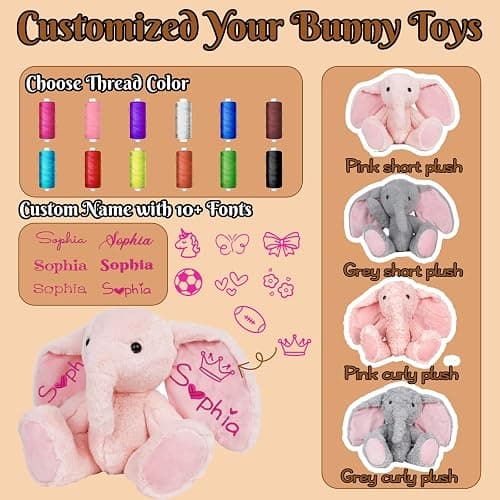 BeneCharm Personalized Elephant Plush Stuffed Animal with Embroideried Name Custom Toddler Stuffed Elephants Doll Kids Plush Toys Personalized Baby Girls Boys Newborn Birthday (Elephant) thumbnail 3