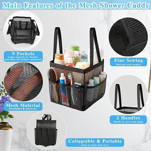 Mesh Shower Caddy, Portable Black Beach Tote Bag for Bathroom Dorm Essentials, Quick Dry Toiletry Organizer Large with 2 Handles 9 Pockets for Swim Pool Gym College Camp Travel Women Men Basket Bag thumbnail 4