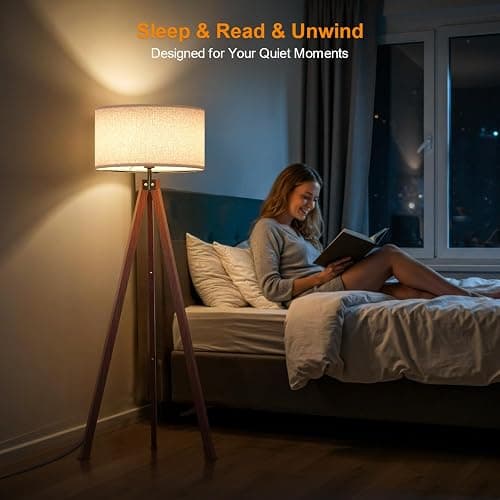 LEPOWER Wood Tripod Floor Lamp, Mid Century Standing Lamp, Modern Design Studying Light for Living Room, Bedroom, Study Room and Office, Flaxen Linen Shade with E26 Base Brown thumbnail 8