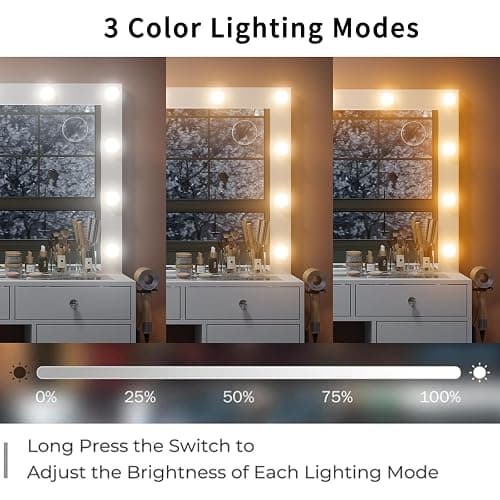 Yanosaku Vanity Desk & Power Outle, Makeup Vanity with Mirror and 12 LED Lights, 9 Drawers Makeup Table with Fold-up Panel, Vanity Set 3 Lighting Modes Brightness Adjustable (White) thumbnail 3